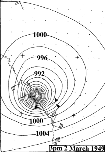 Rockhampton Cyclone, 1949: mean sea level chart 3pm 2nd March